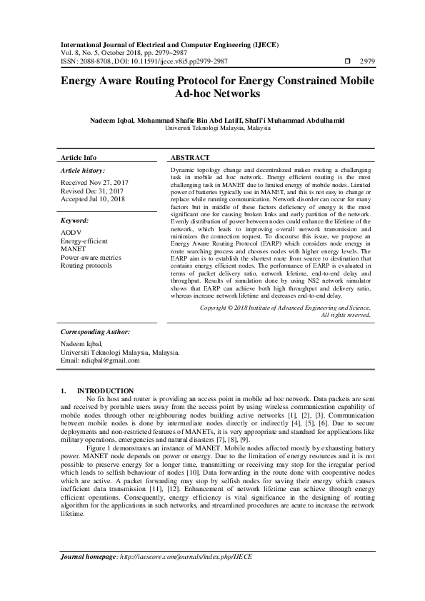 (PDF) Energy Aware Routing Protocol for Energy Constrained Mobile Ad ...