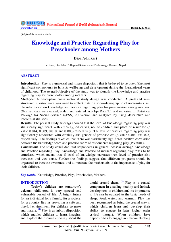 (PDF) Knowledge and Practice Regarding Play for Preschooler among Mothers