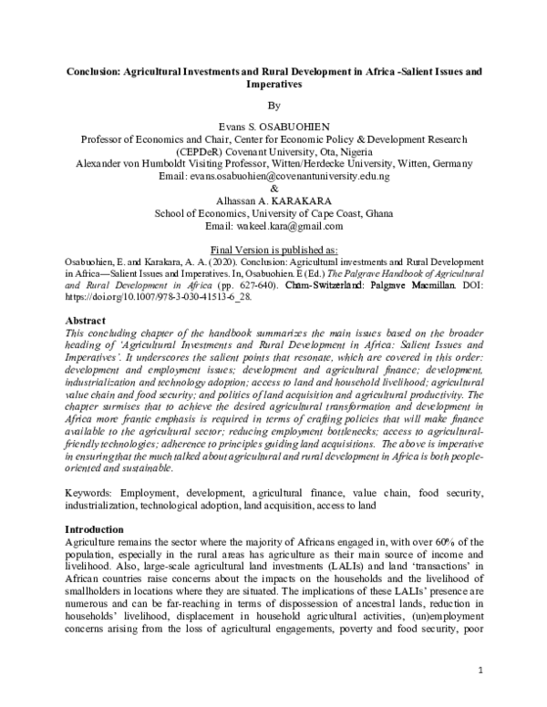 (PDF) Conclusion: Agricultural investments and Rural Development in ...