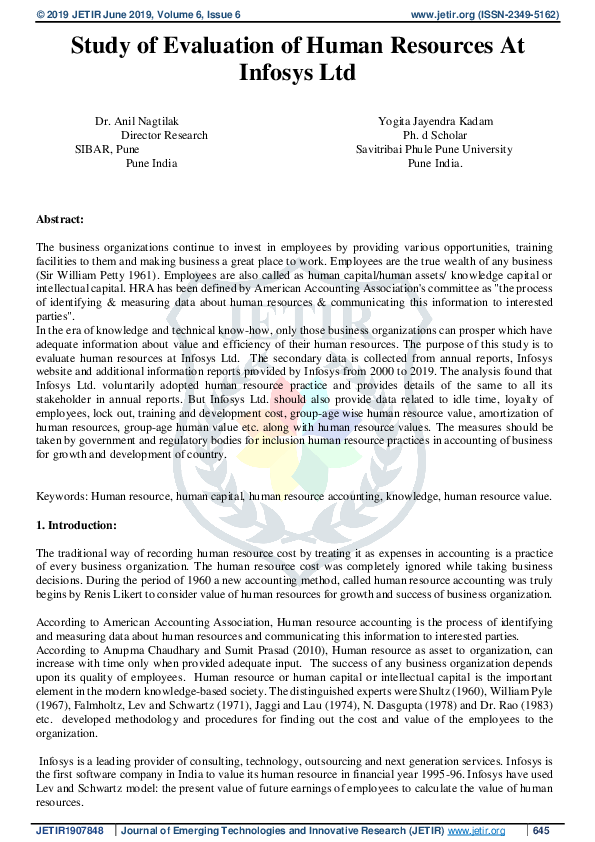 (PDF) Study of Evaluation of Human Resources At Infosys Ltd