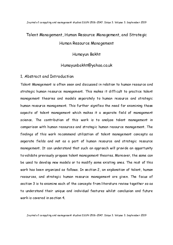 (PDF) Talent Management, Human Resource Management, and Strategic Human ...