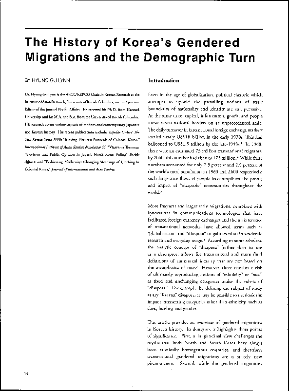 (PDF) The History of Korea's Gendered Migrations and the Demographic Turn 2008 HyungGu Lynn
