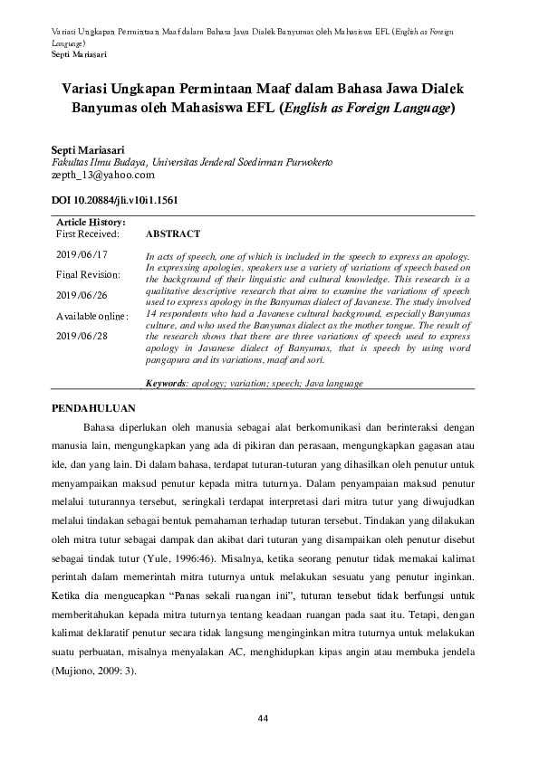 (PDF) Variasi Ungkapan Permintaan Maaf dalam Bahasa Jawa Dialek