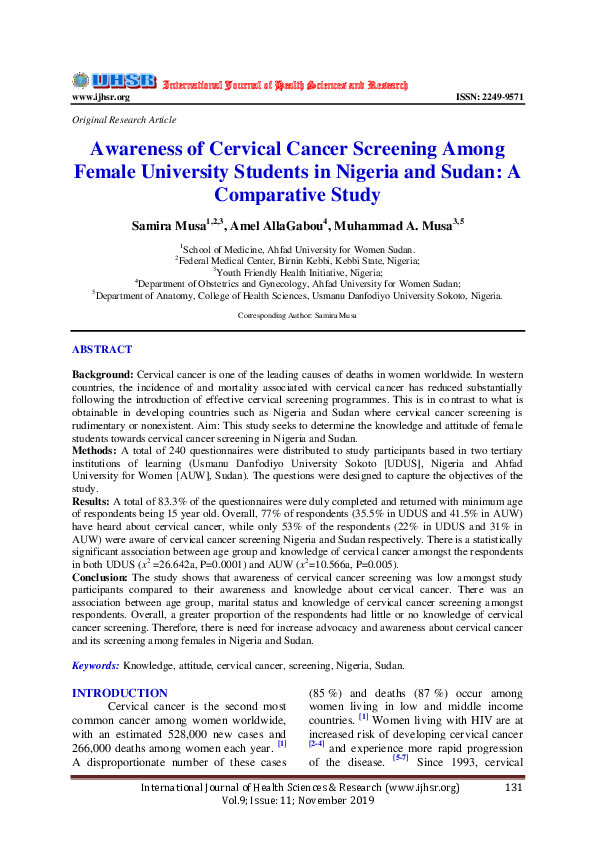 (PDF) Awareness of Cervical Cancer Screening Among Female University ...