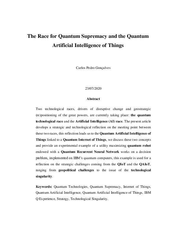 The Race for Quantum Supremacy and the Quantum Artificial Intelligence of Things