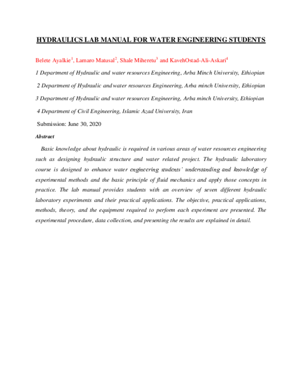 (PDF) HYDRAULICS LAB MANUAL FOR WATER ENGINEERING STUDENTS Ayalkie