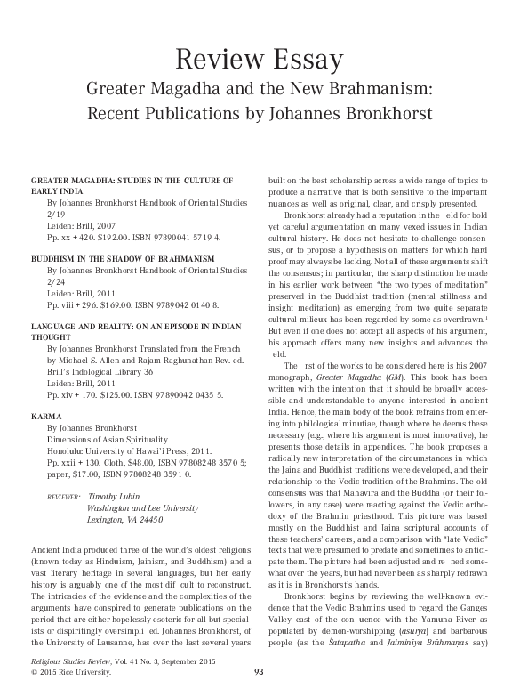 First page of “Greater Magadha and the New Brahmanism: Recent Publications by Johannes Bronkhorst”