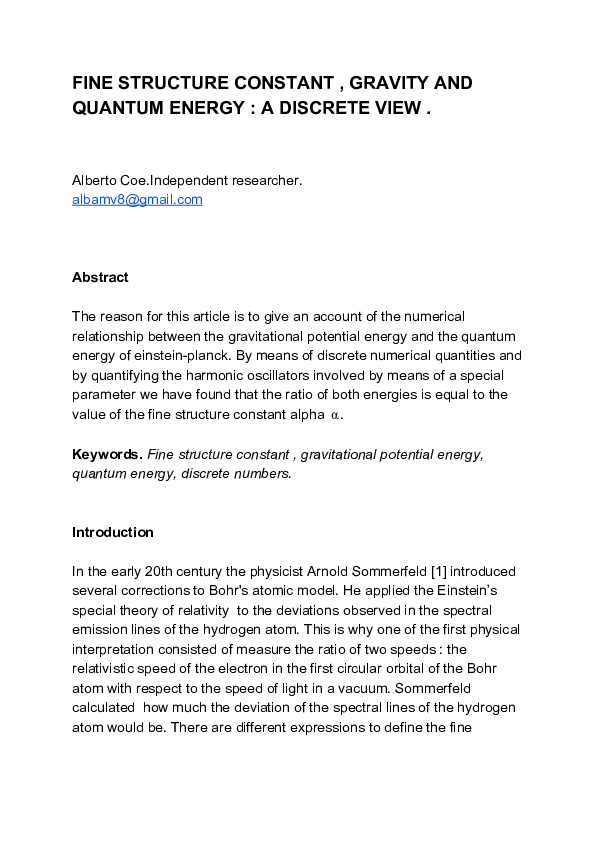 (PDF) Fine Structure Constant , Gravity and Quantum Energy : A Discrete ...