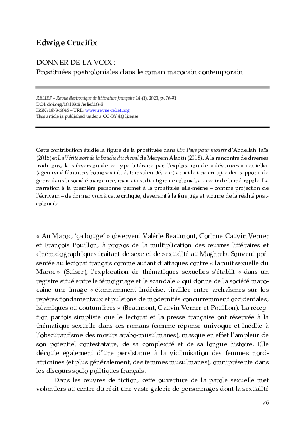 (PDF) Donner de la voix Prostituées postcoloniales dans le roman