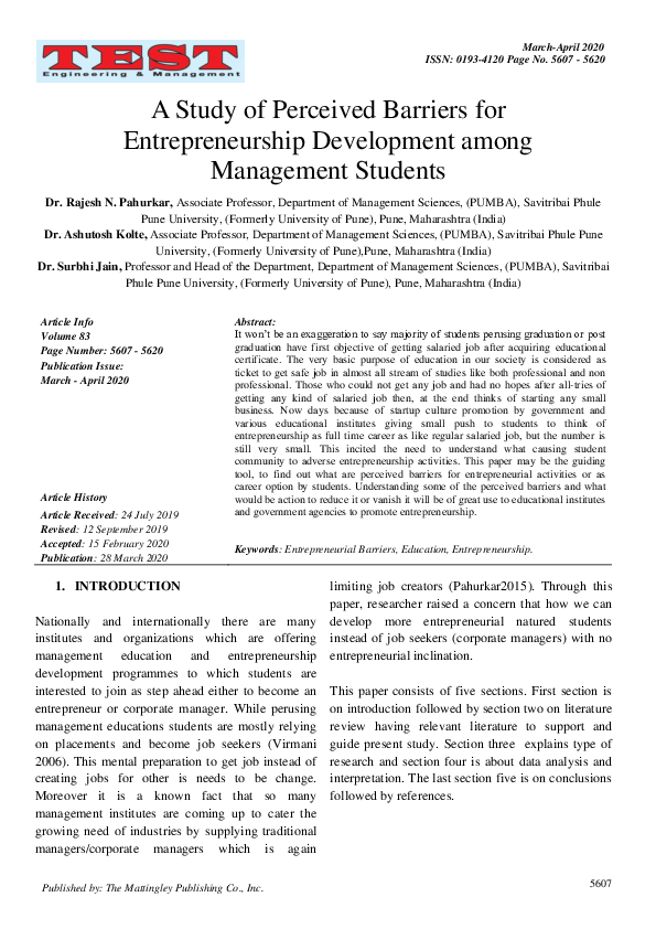(PDF) A Study of Perceived Barriers for Entrepreneurship Development ...