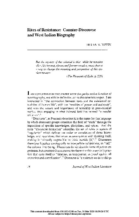 (PDF) Rites of Resistance: Counter-Discourse and West Indian Biography