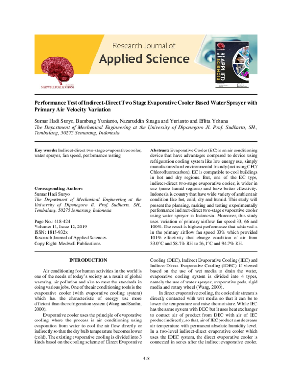 (PDF) Performance Test of Indirect-Direct Two Stage Evaporative Cooler ...