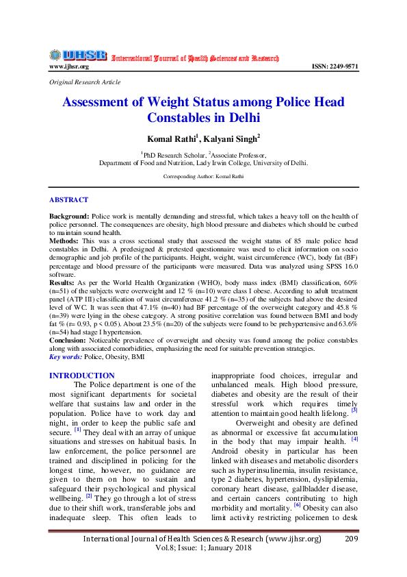 (PDF) Assessment of Weight Status among Police Head Constables in Delhi