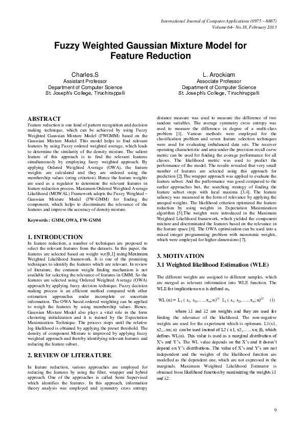 (PDF) Fuzzy Weighted Gaussian Mixture Model for Feature Reduction