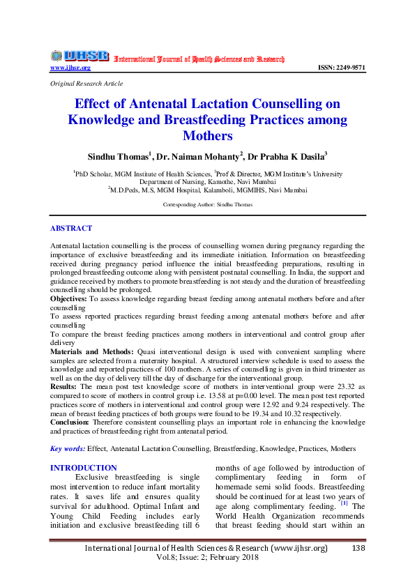 (PDF) Effect of Antenatal Lactation Counselling on Knowledge and ...