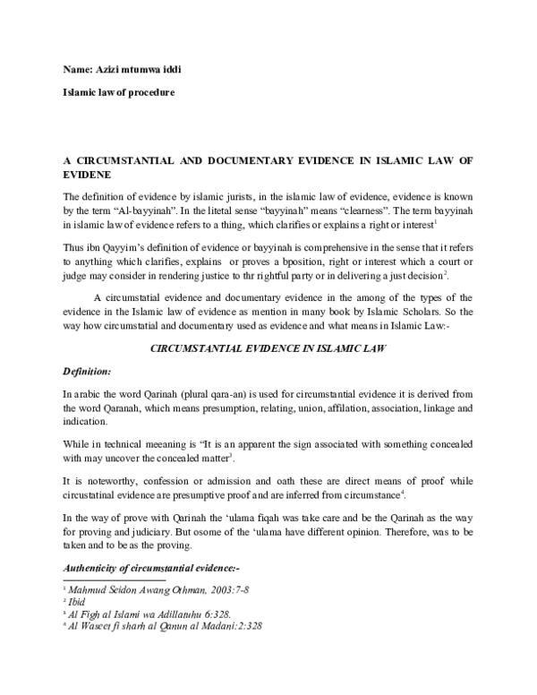 Doc Name Azizi Mtumwa Iddi Islamic Law Of Procedure A Circumstantial And Documentary Evidence In Islamic Law Of Evidene Azizi Iddi Academia Edu
