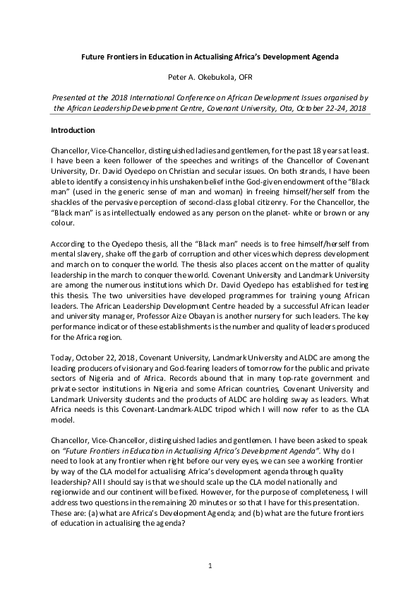 Pdf Future Frontiers In Education In Actualising Africa S Development