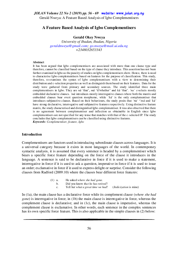 First page of “A Feature Based Analysis of Igbo Complementisers”