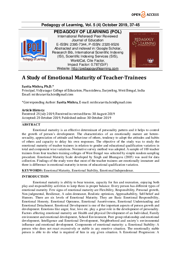 (PDF) PEDAGOGY OF LEARNING (POL) A Study of Emotional Maturity of ...