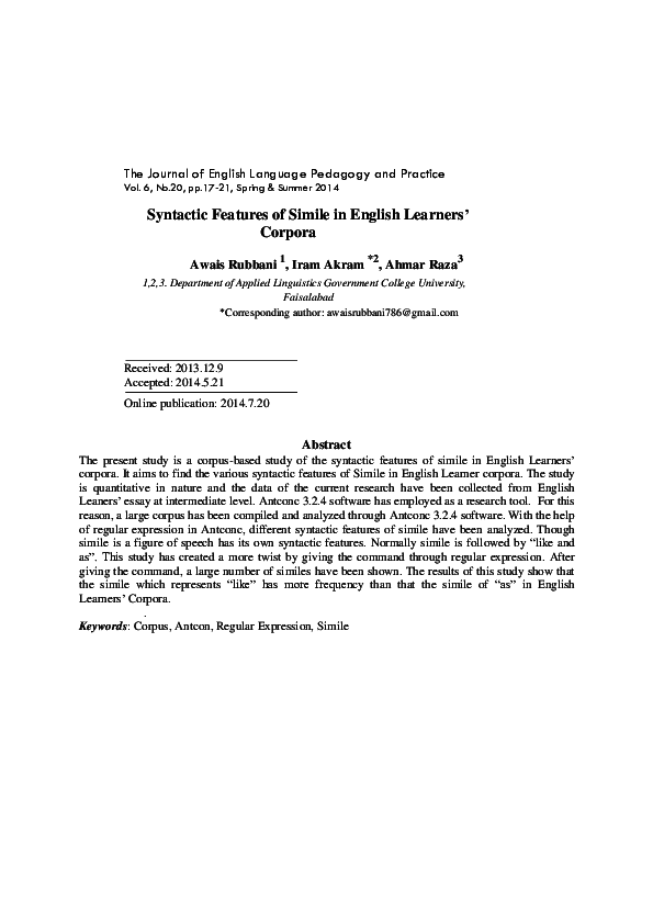 (PDF) Syntactic Features of Simile in English Learners' Corpora