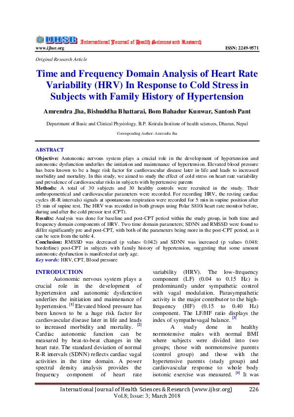 (PDF) Time and Frequency Domain Analysis of Heart Rate Variability (HRV ...