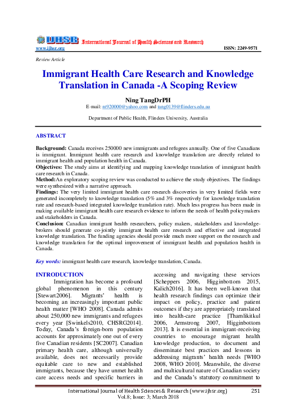 (PDF) Immigrant Health Care Research and Knowledge Translation in ...