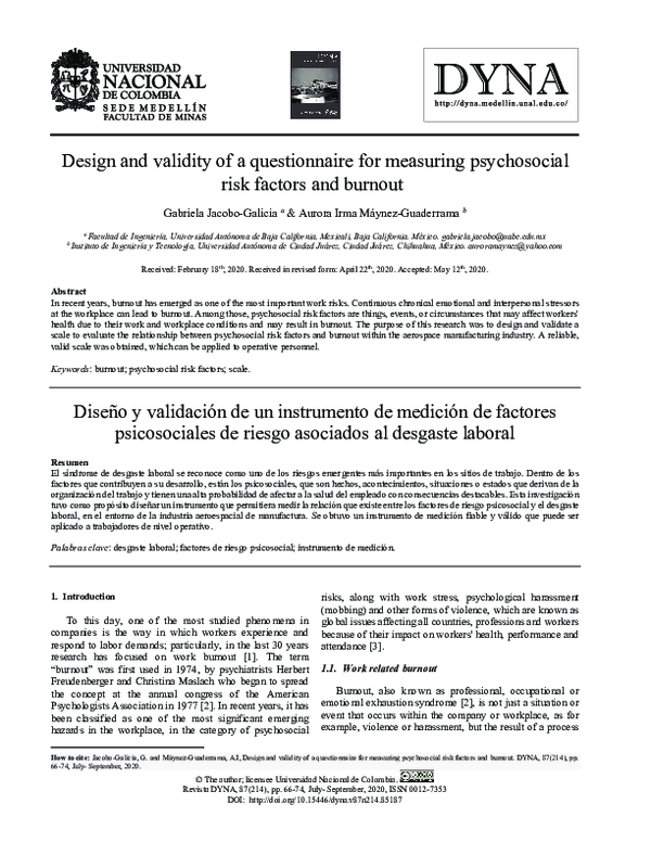 (PDF) Design and validity of a questionnaire for measuring psychosocial ...