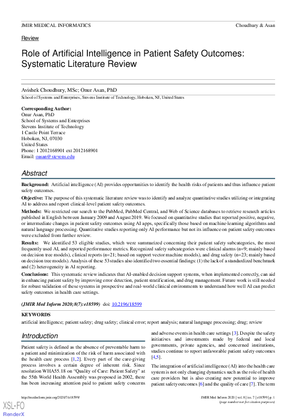 (PDF) Role of Artificial Intelligence in Patient Safety Outcomes ...