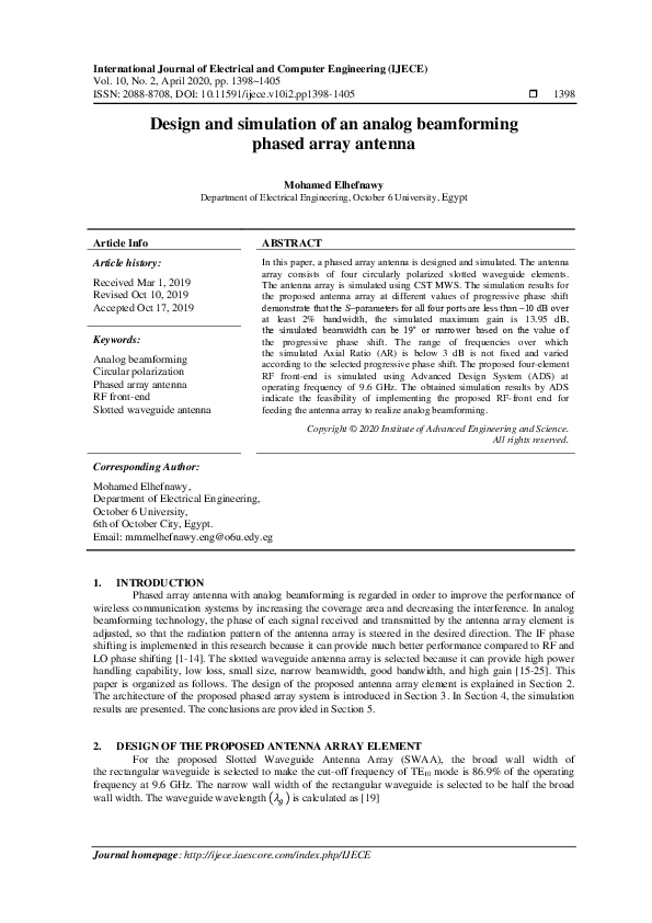 (PDF) Design and simulation of an analog beamforming phased array antenna