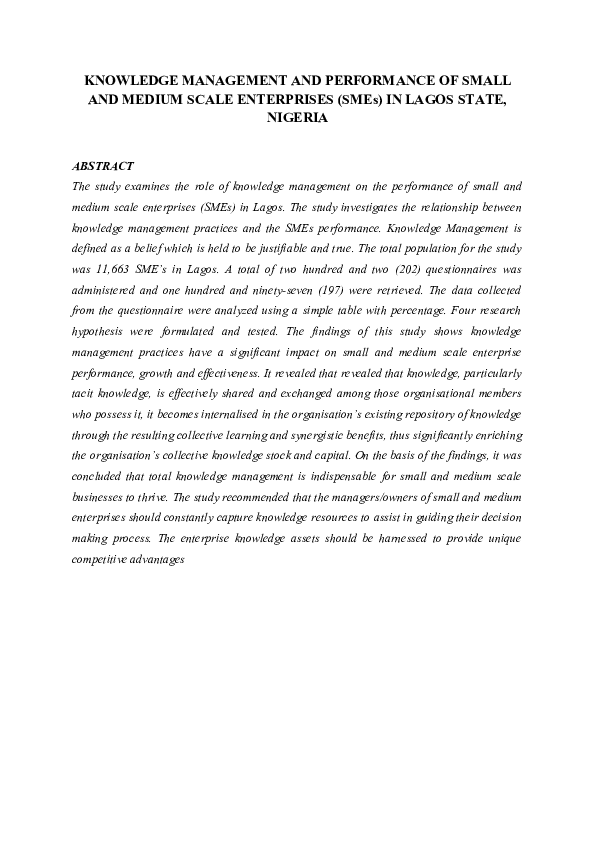 (DOC) KNOWLEDGE MANAGEMENT AND PERFORMANCE OF SMALL AND MEDIUM SCALE ...