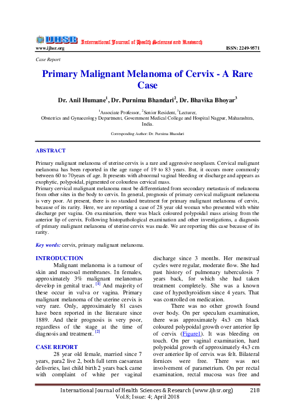 (PDF) Primary Malignant Melanoma of Cervix -A Rare Case