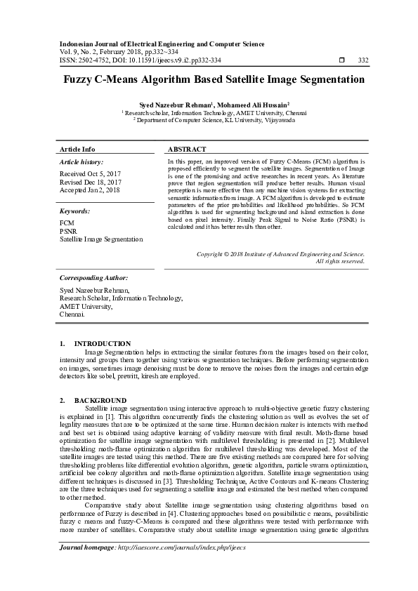 (PDF) Fuzzy C-Means Algorithm Based Satellite Image Segmentation