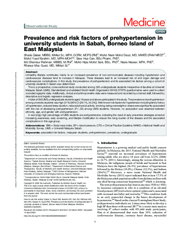 (PDF) Prevalence and risk factors of prehypertension in university ...