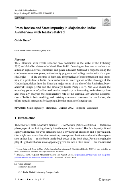  PDF Proto fascism And State Impunity In Majoritarian India An Interview With Teesta Setalvad 