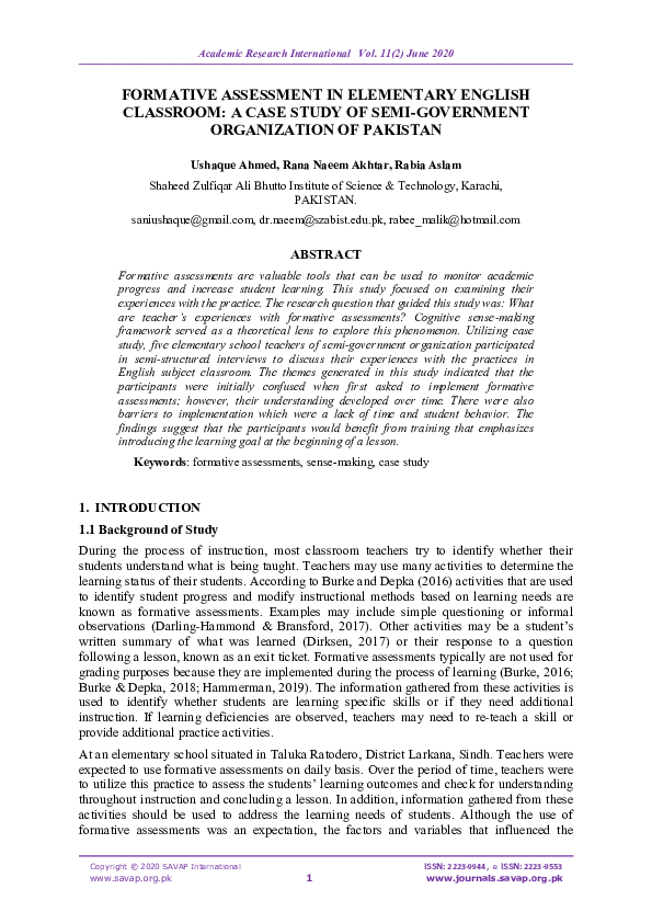 (PDF) FORMATIVE ASSESSMENT IN ELEMENTARY ENGLISH CLASSROOM: A CASE ...
