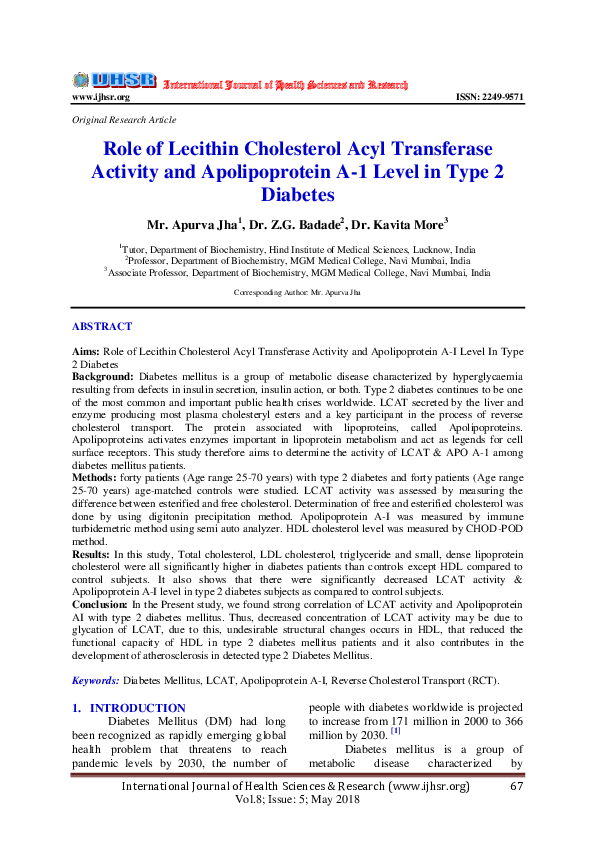 (PDF) Role of Lecithin Cholesterol Acyl Transferase Activity and Apolipoprotein A1 Level in