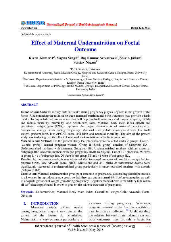 (PDF) Effect of Maternal Undernutrition on Foetal Outcome
