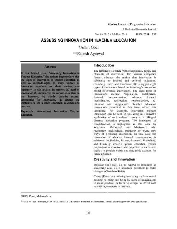 (PDF) ASSESSING INNOVATION IN TEACHER EDUCATION