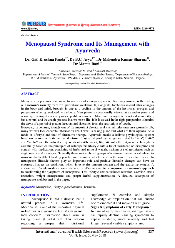 (PDF) Menopausal Syndrome and Its Management with Ayurveda
