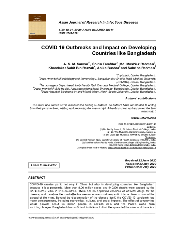 (PDF) COVID 19 Outbreaks and Impact on Developing Countries like Bangladesh