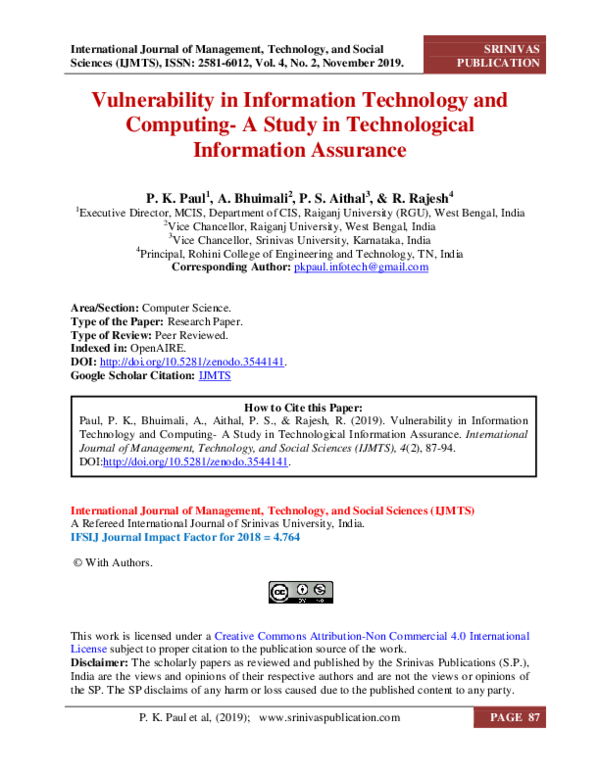 (PDF) Vulnerability in Information Technology and Computing-A Study in ...