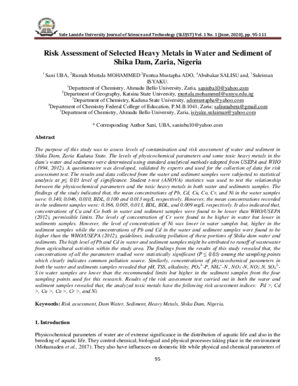 (PDF) Risk Assessment of Selected Heavy Metals in Water and Sediment of ...