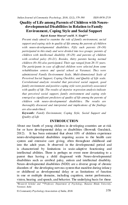 (PDF) Quality of Life among Parents of Children with Neuro ...