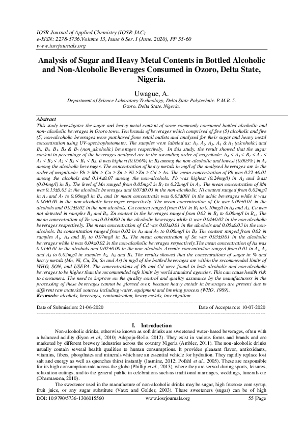 (PDF) Analysis of Sugar and Heavy Metal Contents in Bottled Alcoholic