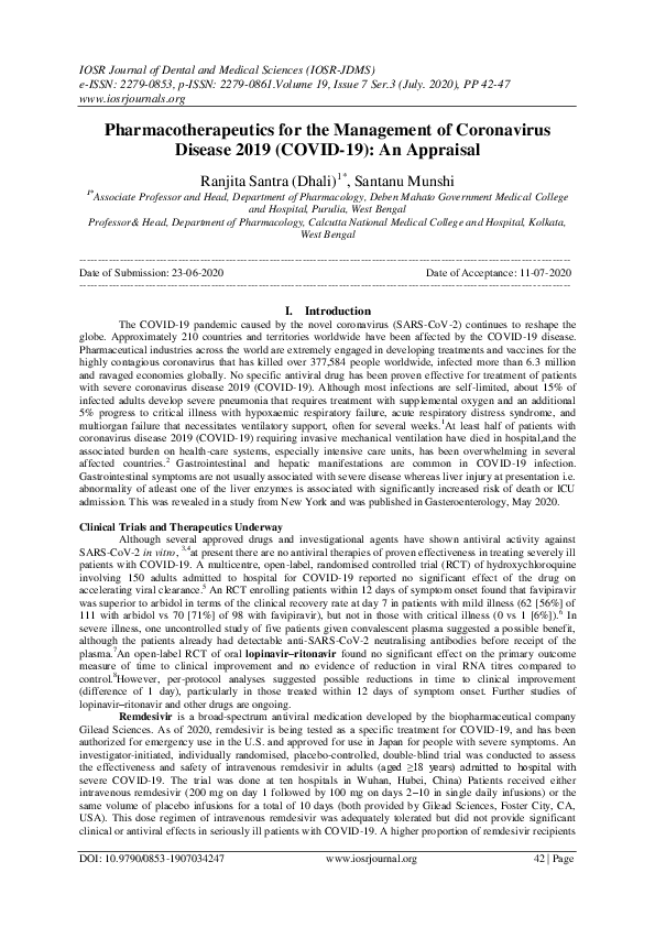 (PDF) Pharmacotherapeutics for the Management of Coronavirus Disease ...
