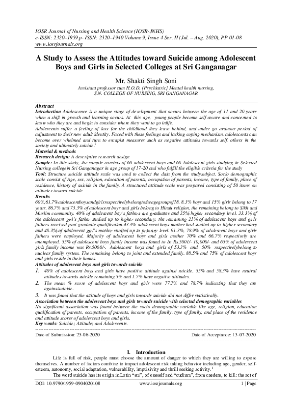 (PDF) A Study to Assess the Attitudes toward Suicide among Adolescent ...