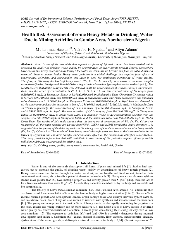 (PDF) Health Risk Assessment of some Heavy Metals in Drinking Water Due ...