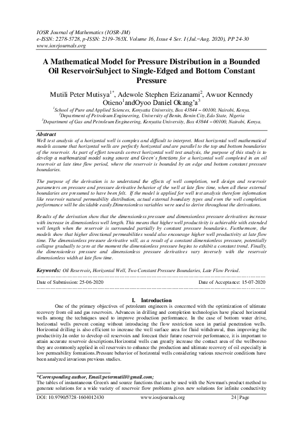 (PDF) A Mathematical Model for Pressure Distribution in a Bounded Oil ...