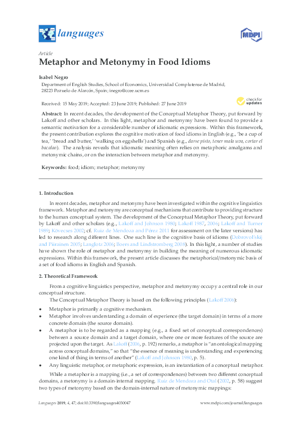 (PDF) Metaphor and Metonymy in Food Idioms