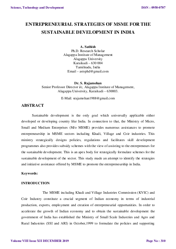 (PDF) ENTREPRENEURIAL STRATEGIES OF MSME FOR THE SUSTAINABLE ...